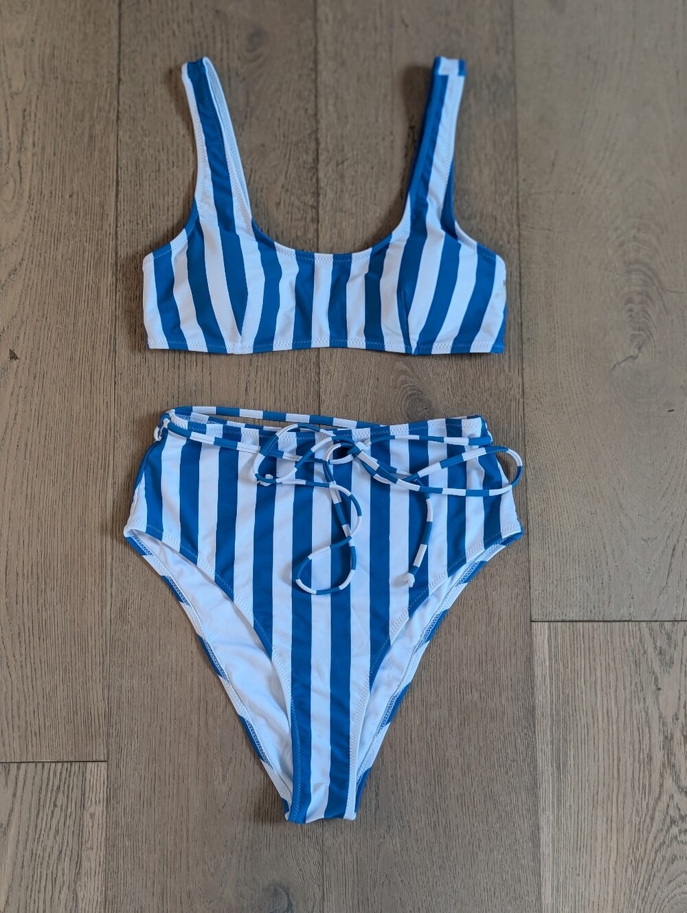High Waisted, High Leg Cut Blue and White Vertical Stripe Bikini Set